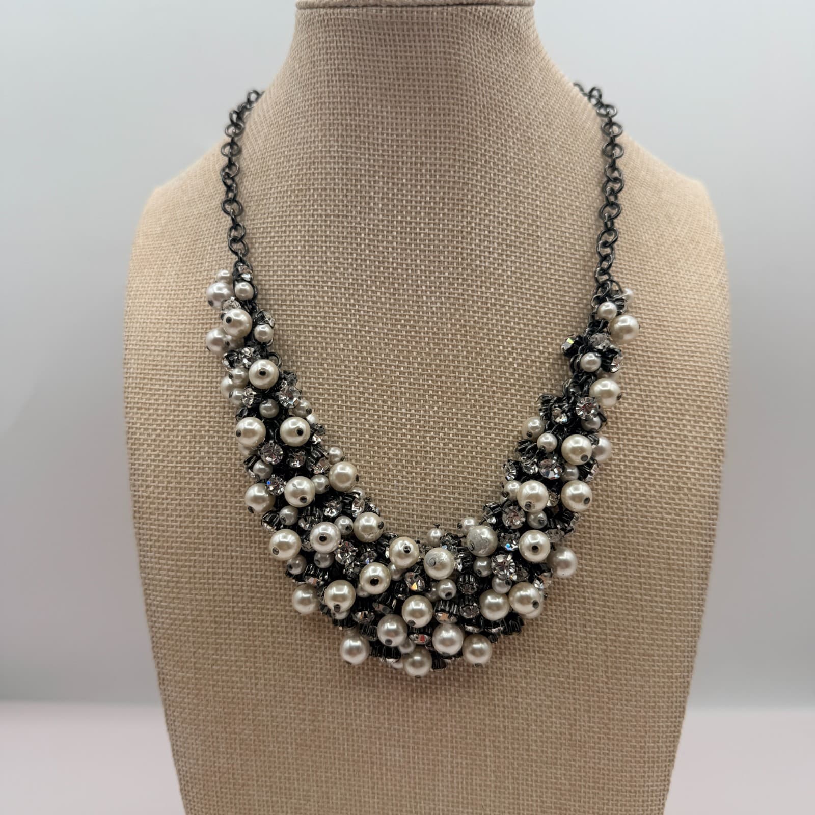 Vintage 90s Gunmetal Tone Faux Pearl Rhinestone Bib Necklace Women's Jewelry - Image 1