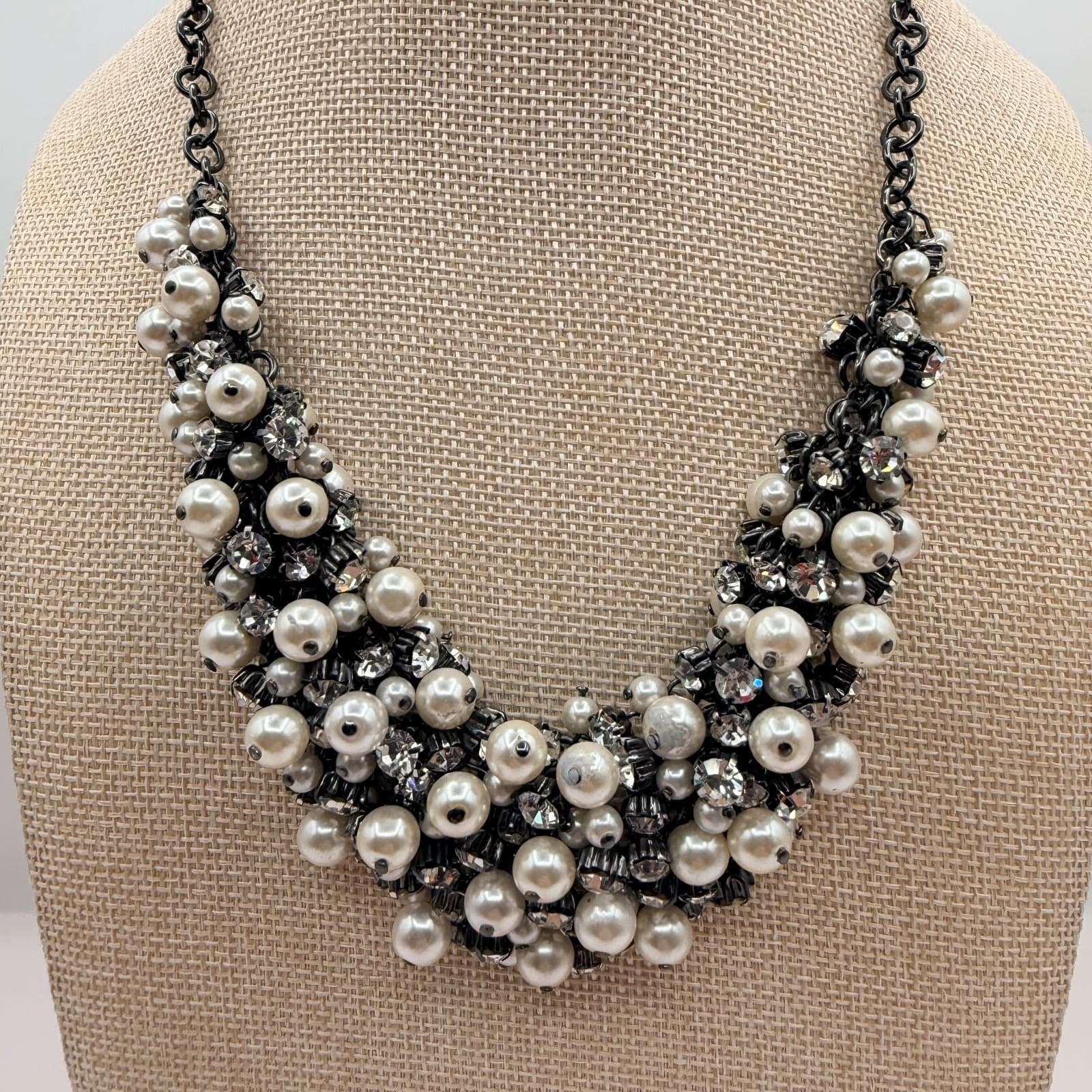 Vintage 90s Gunmetal Tone Faux Pearl Rhinestone Bib Necklace Women's Jewelry - Thumbnail 3