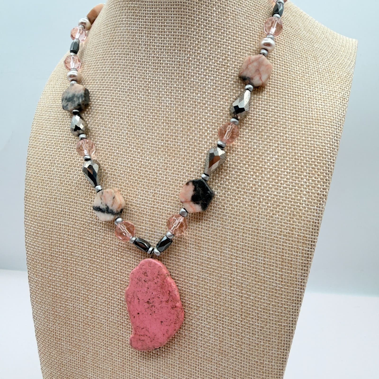 Vintage 90s Pink Stone Statement Necklace Glass Beaded Boho Fashion Jewelry - Thumbnail 8