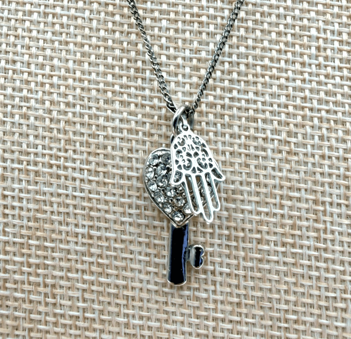 Vintage 80s Ornate Hamsa Hand Silver Tone Heart Key Amulet Statement Jewelry - Image 1