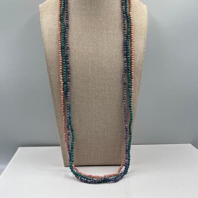 VTG Long Multi Strand Beaded Necklace Pink Purple Teal Round Beads Layered Boho - Thumbnail 7