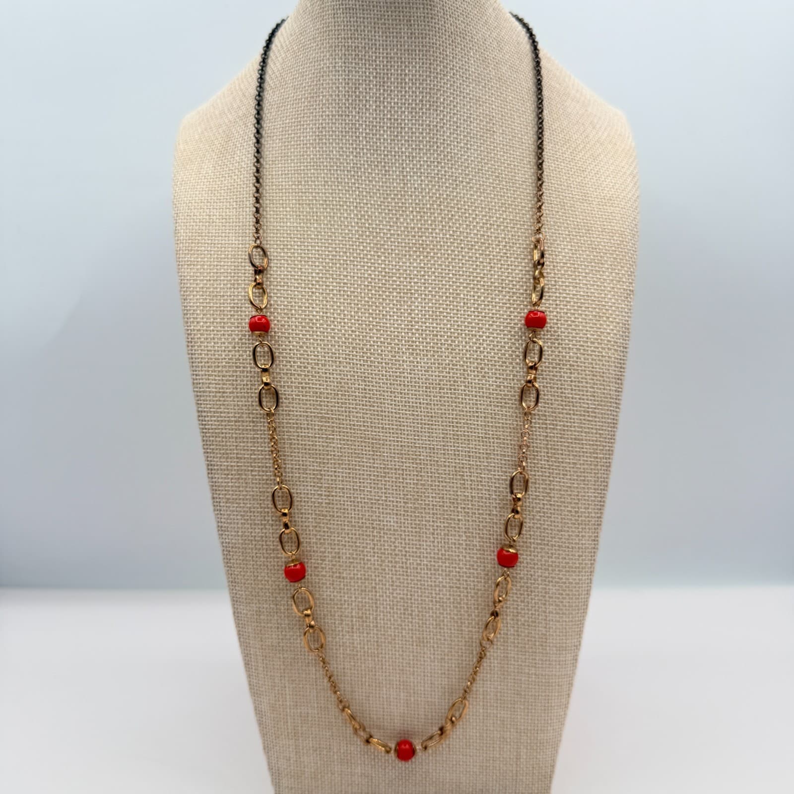 Vintage 90s Gold Tone Link Chain Red Beaded Necklace Women's Classic Jewelry - Thumbnail 4