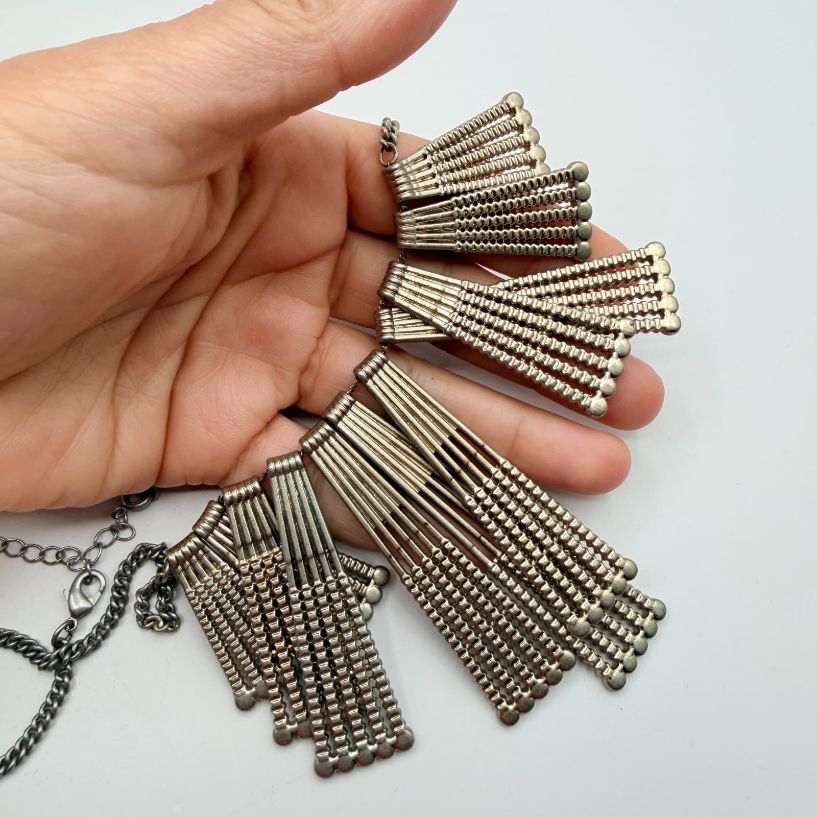Vintage 90s Silver Tone Fan Fringe Necklace Statement Women's Classic Jewelry - Thumbnail 9