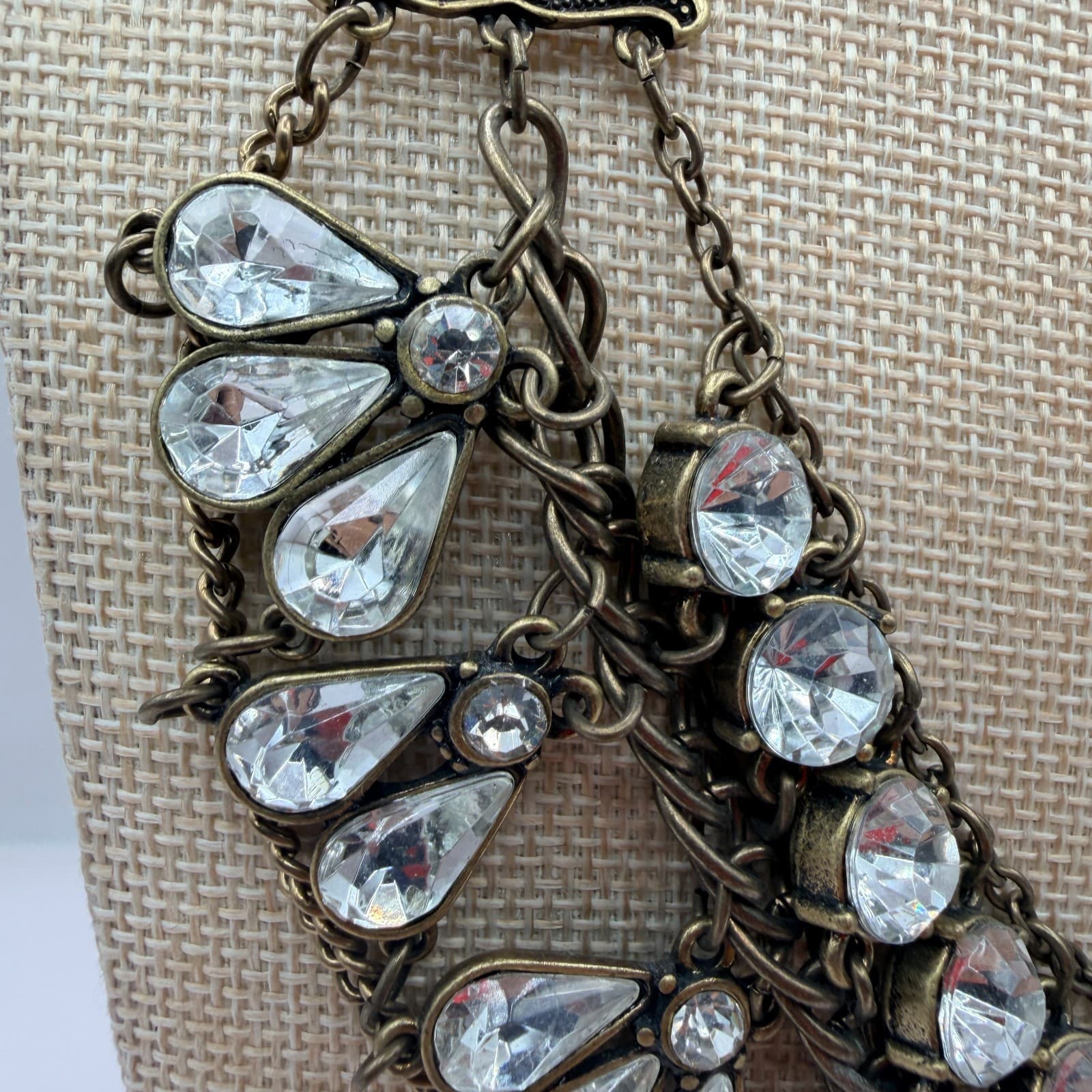 Vintage Y2K Brass Tone Multi Strand Rhinestone Teardrop Bib Necklace Jewelry - Thumbnail 5