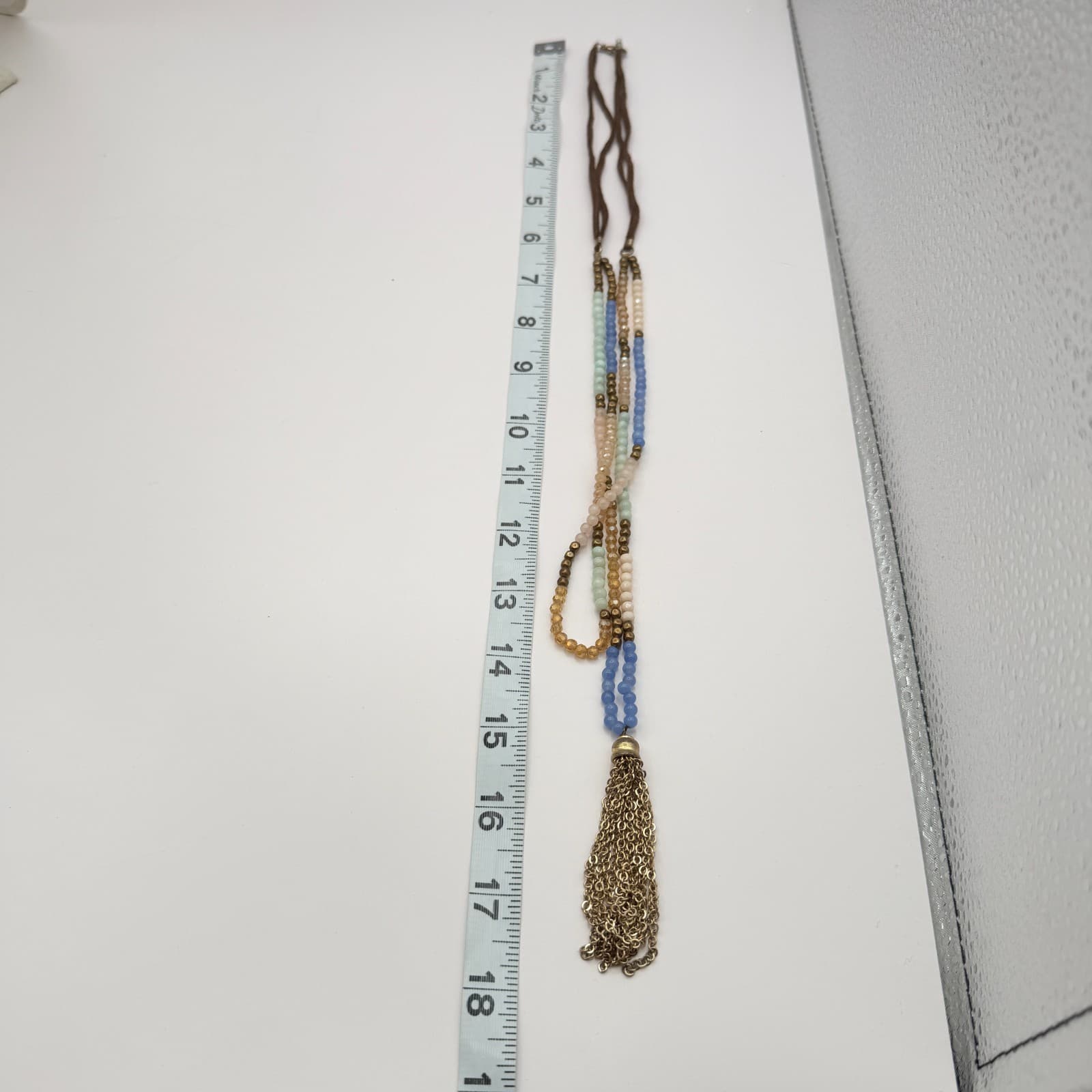 Vintage Y2K Boho Multi Strand Pastel Beaded Tassel Necklace Brown Cord Jewelry - Thumbnail 2