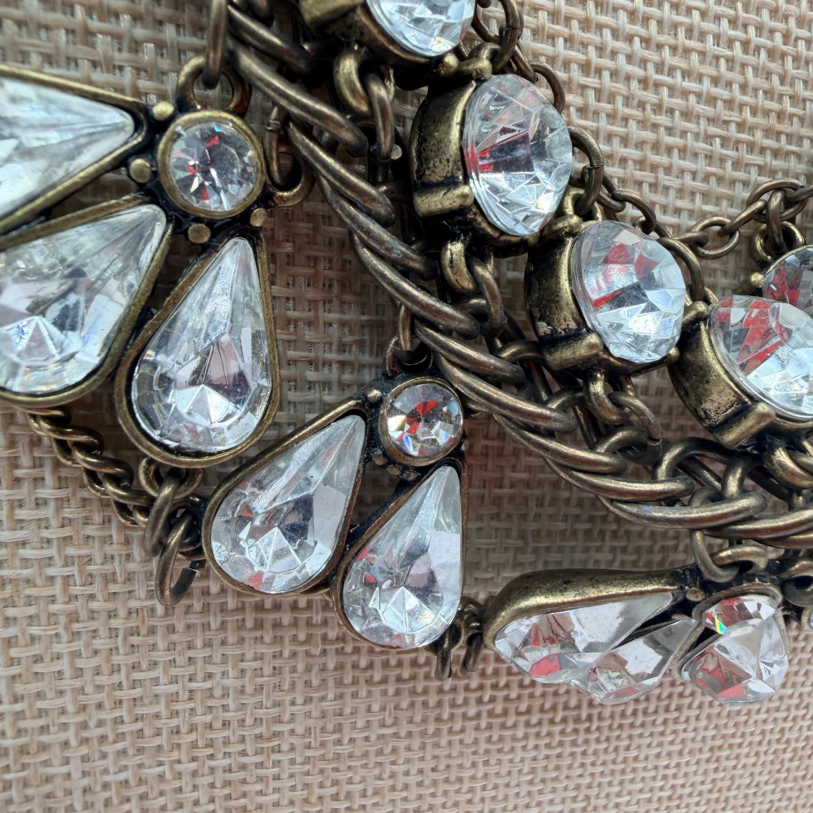 Vintage Y2K Brass Tone Multi Strand Rhinestone Teardrop Bib Necklace Jewelry - Thumbnail 6