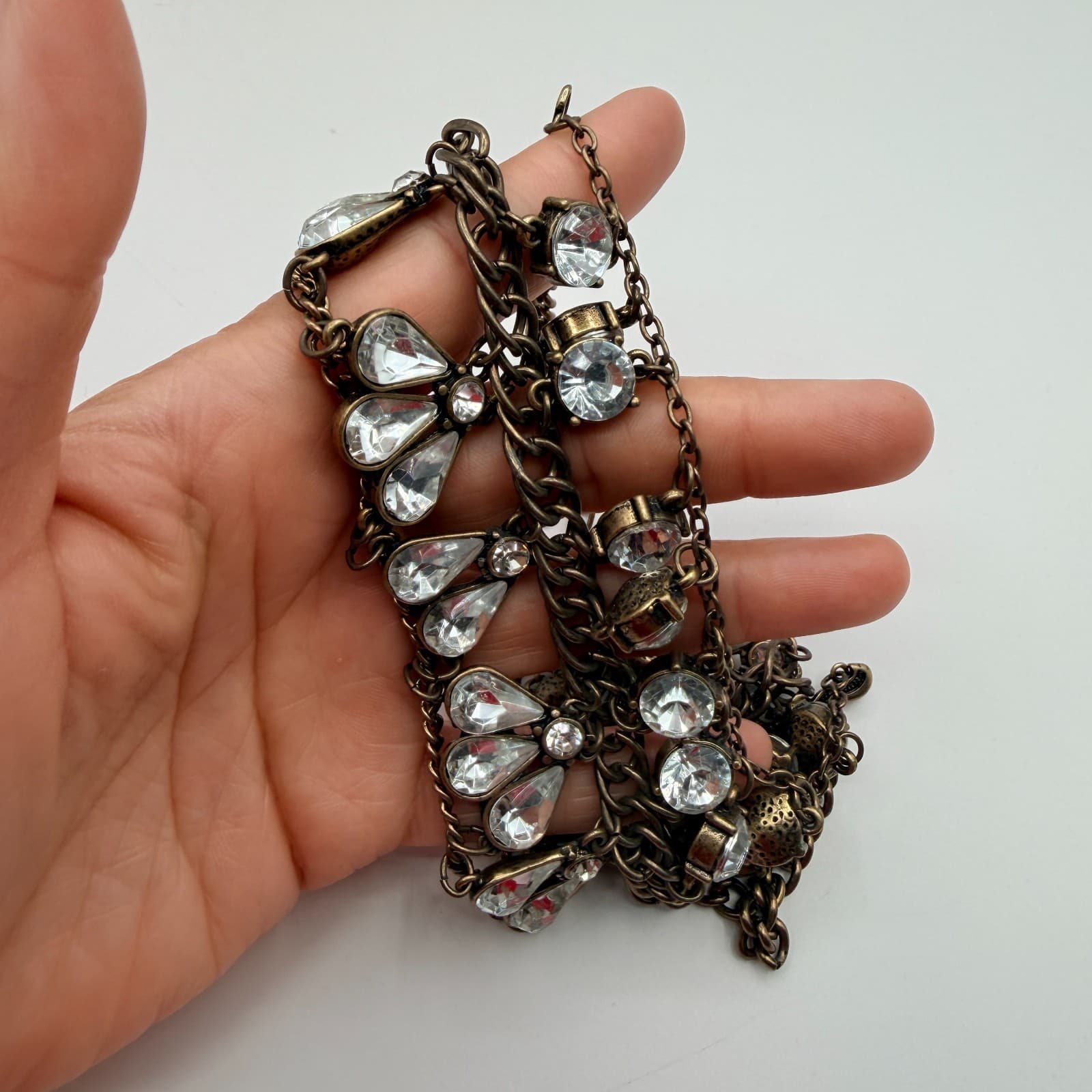 Vintage Y2K Brass Tone Multi Strand Rhinestone Teardrop Bib Necklace Jewelry - Thumbnail 10