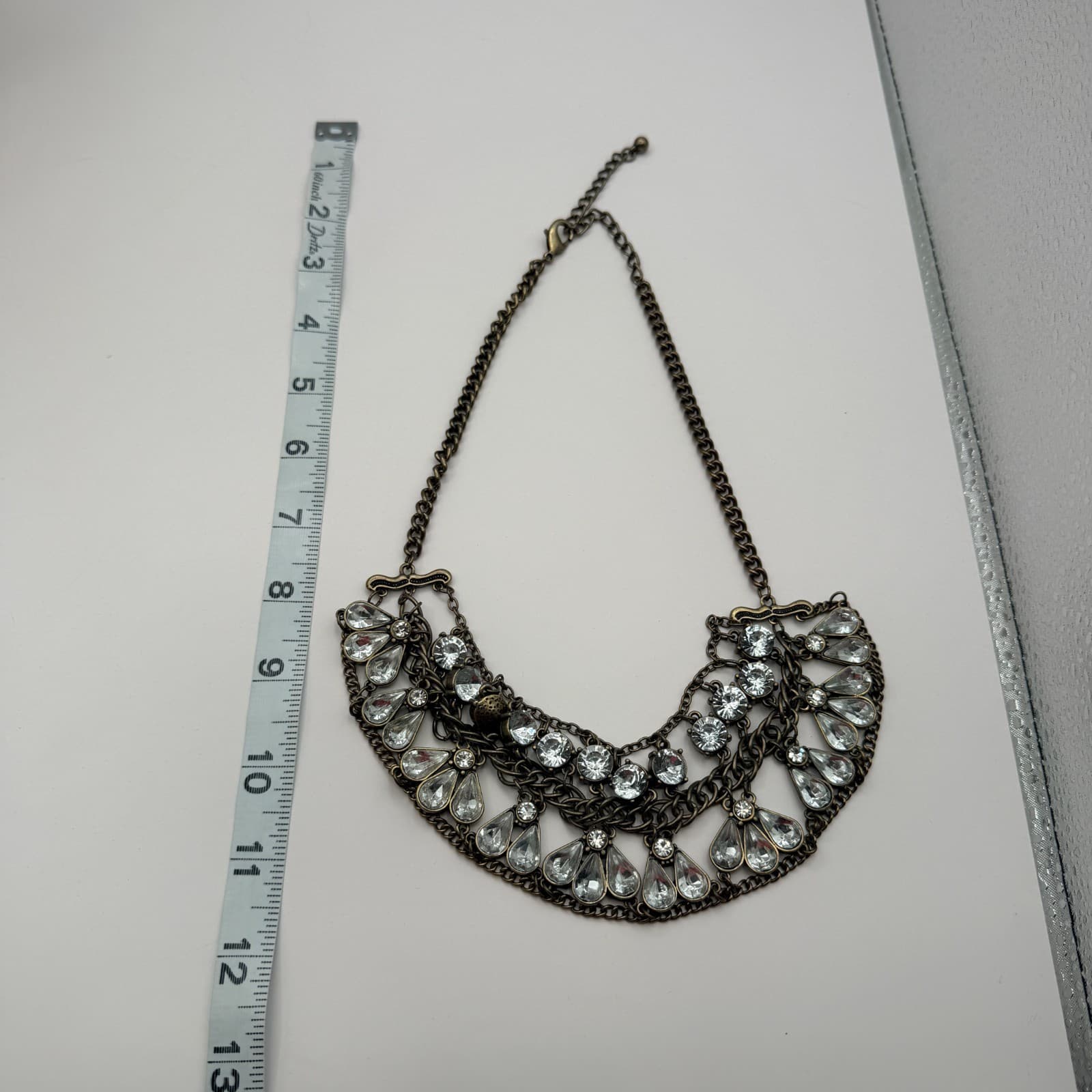 Vintage Y2K Brass Tone Multi Strand Rhinestone Teardrop Bib Necklace Jewelry - Thumbnail 11