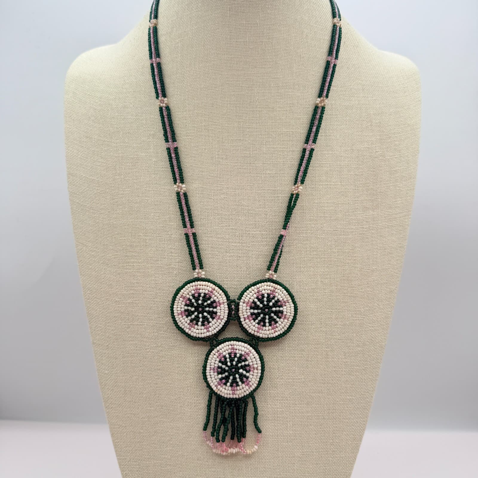 Vintage Y2K Handmade Seed Bead Medallion Statement Necklace Fringe Boho Jewelry - Thumbnail 3