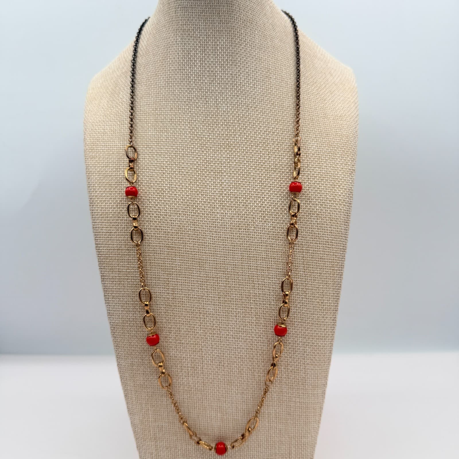 Vintage 90s Gold Tone Link Chain Red Beaded Necklace Women's Classic Jewelry - Image 1