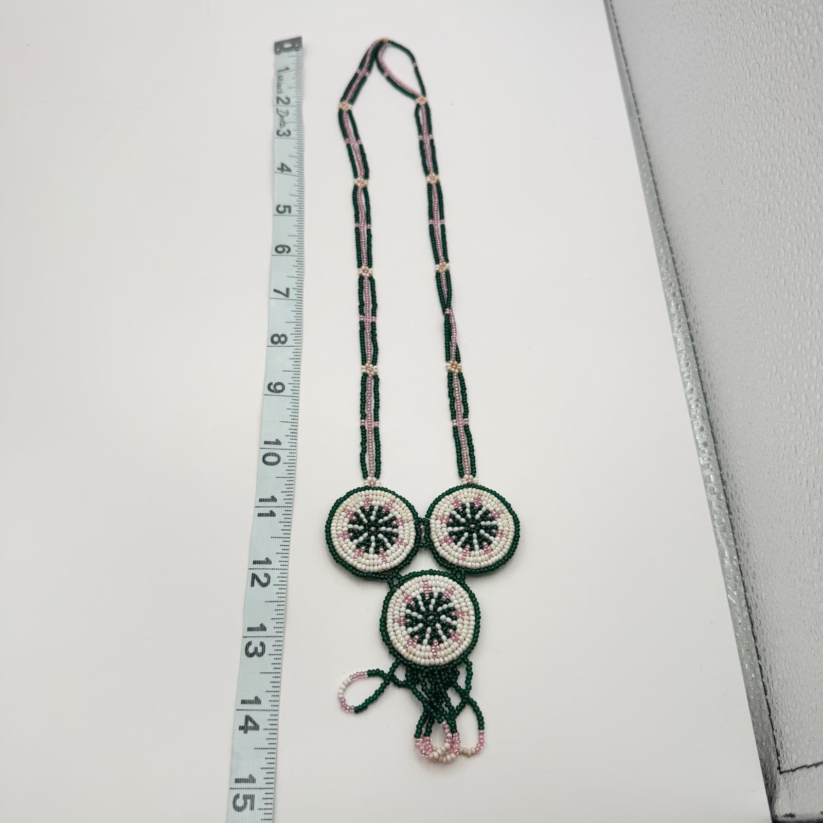 Vintage Y2K Handmade Seed Bead Medallion Statement Necklace Fringe Boho Jewelry - Thumbnail 10