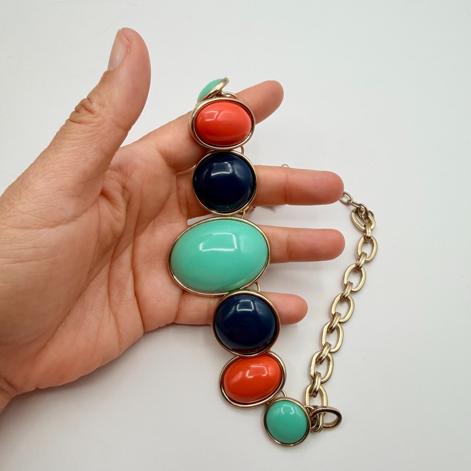 Vintage Y2K Gold Tone Statement Necklace Aqua Orange Navy Cabochons Jewelry - Thumbnail 3