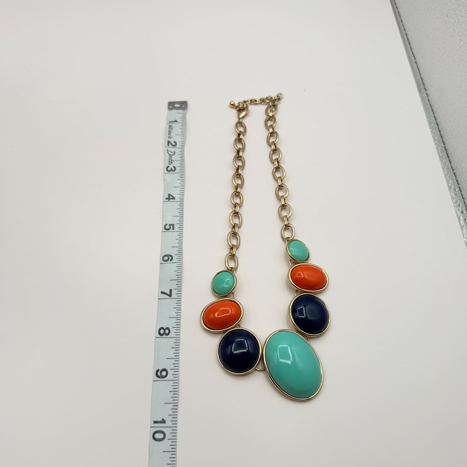 Vintage Y2K Gold Tone Statement Necklace Aqua Orange Navy Cabochons Jewelry - Thumbnail 4