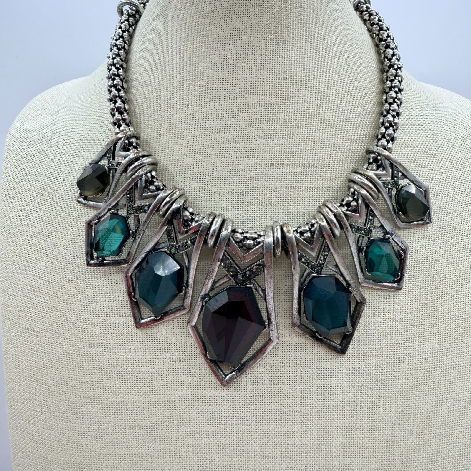 Vintage Y2K Boho Silver Tone Geometric Statement Necklace Antiqued Mixed Jewelry - Thumbnail 3