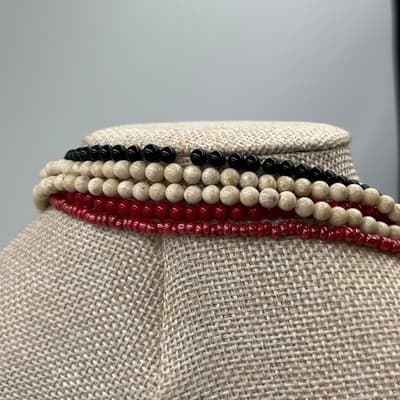 Vintage Multi Strand Beaded Necklace Red Black Cream Long Layered Boho Statement - Thumbnail 6