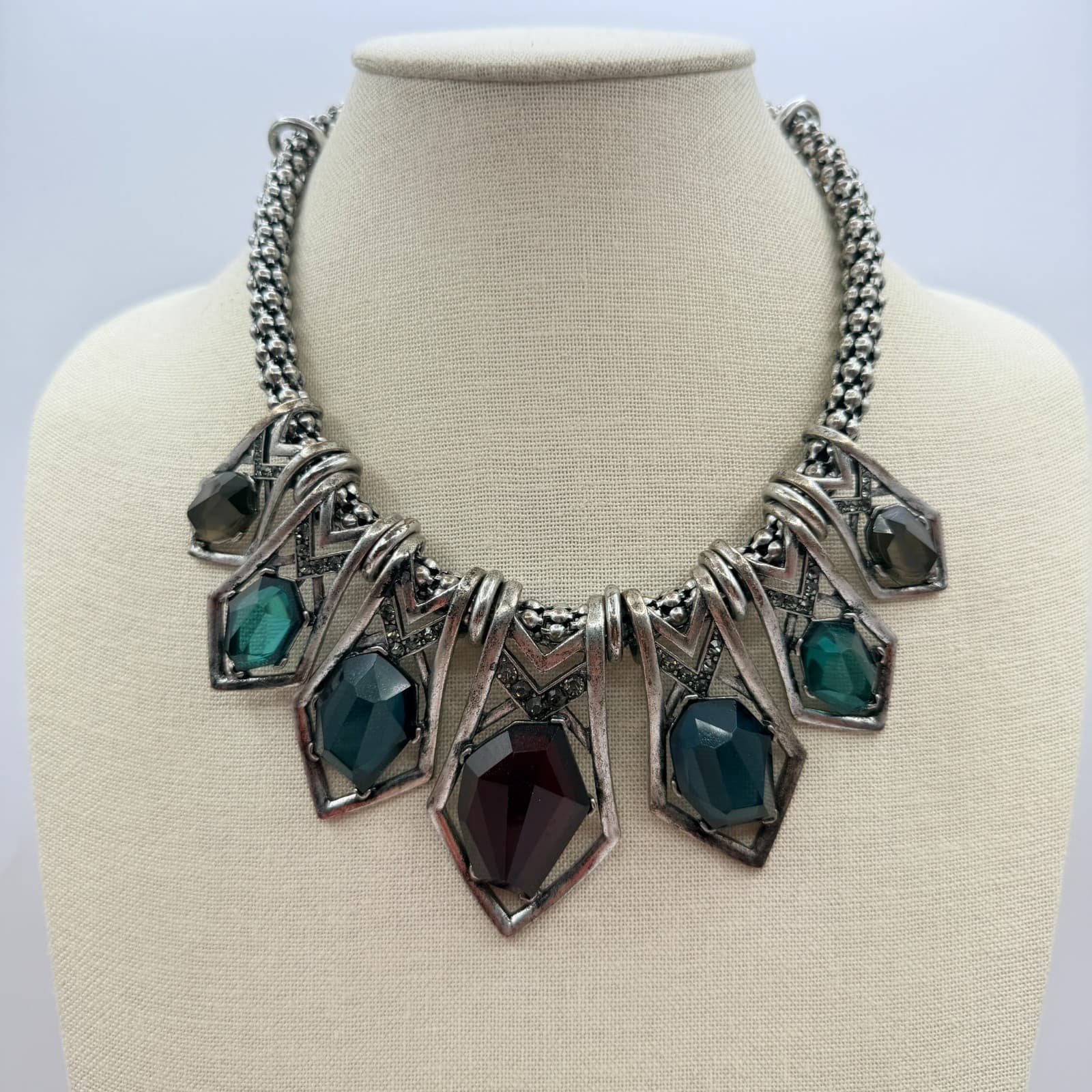 Vintage Y2K Boho Silver Tone Geometric Statement Necklace Antiqued Mixed Jewelry - Thumbnail 7