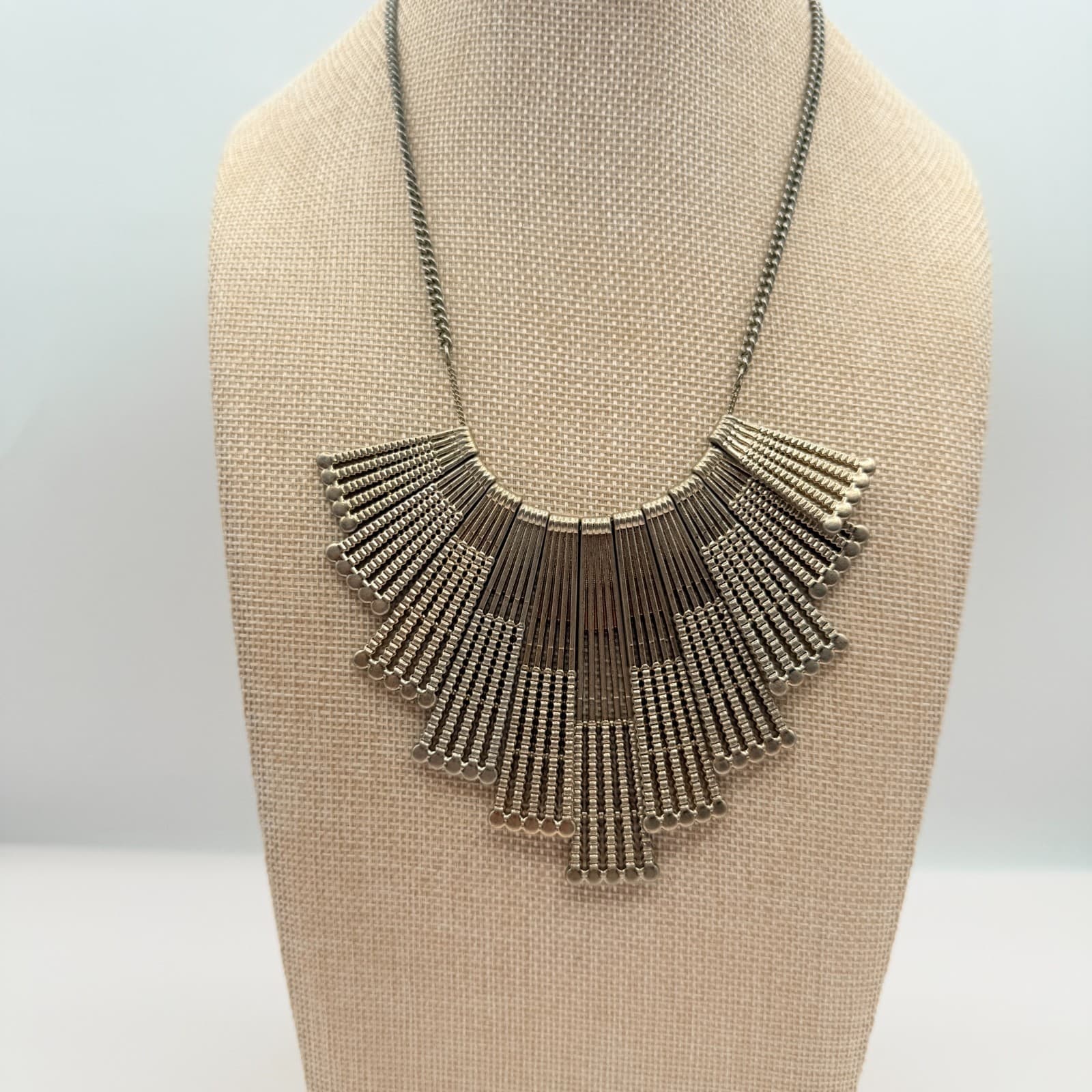 Vintage 90s Silver Tone Fan Fringe Necklace Statement Women's Classic Jewelry - Thumbnail 2