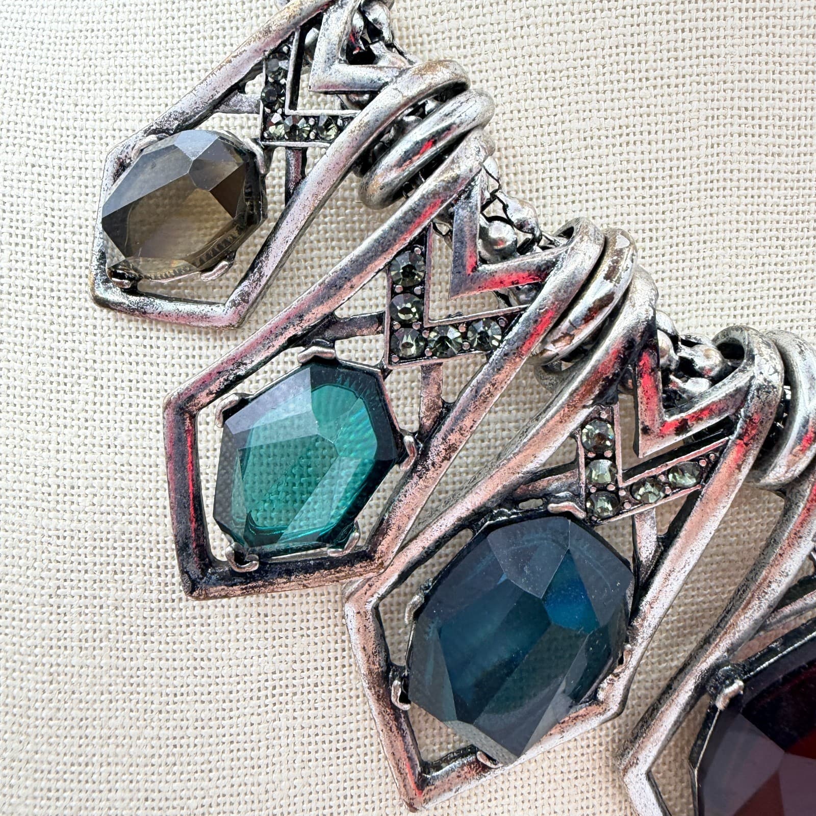 Vintage Y2K Boho Silver Tone Geometric Statement Necklace Antiqued Mixed Jewelry - Thumbnail 9