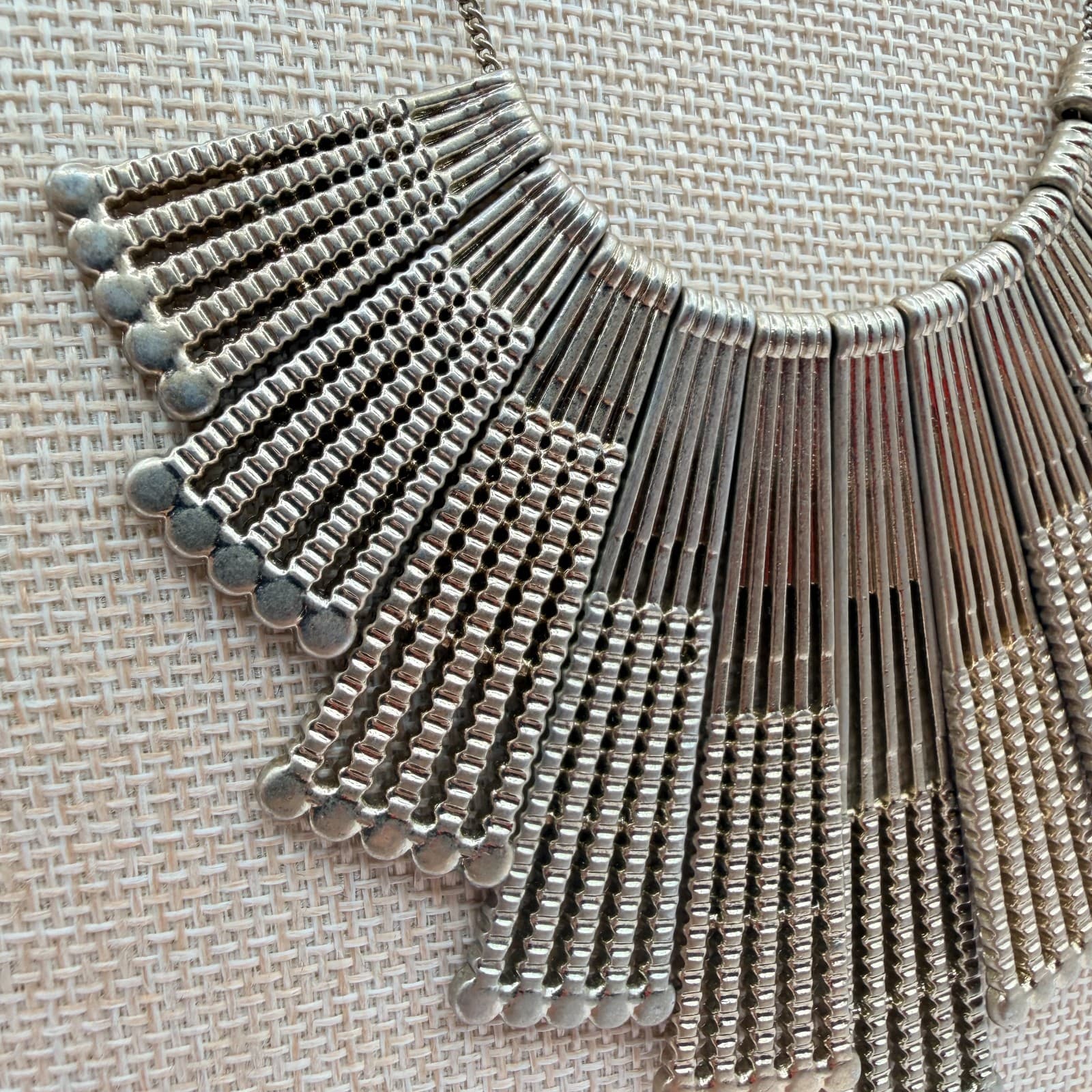 Vintage 90s Silver Tone Fan Fringe Necklace Statement Women's Classic Jewelry - Thumbnail 5