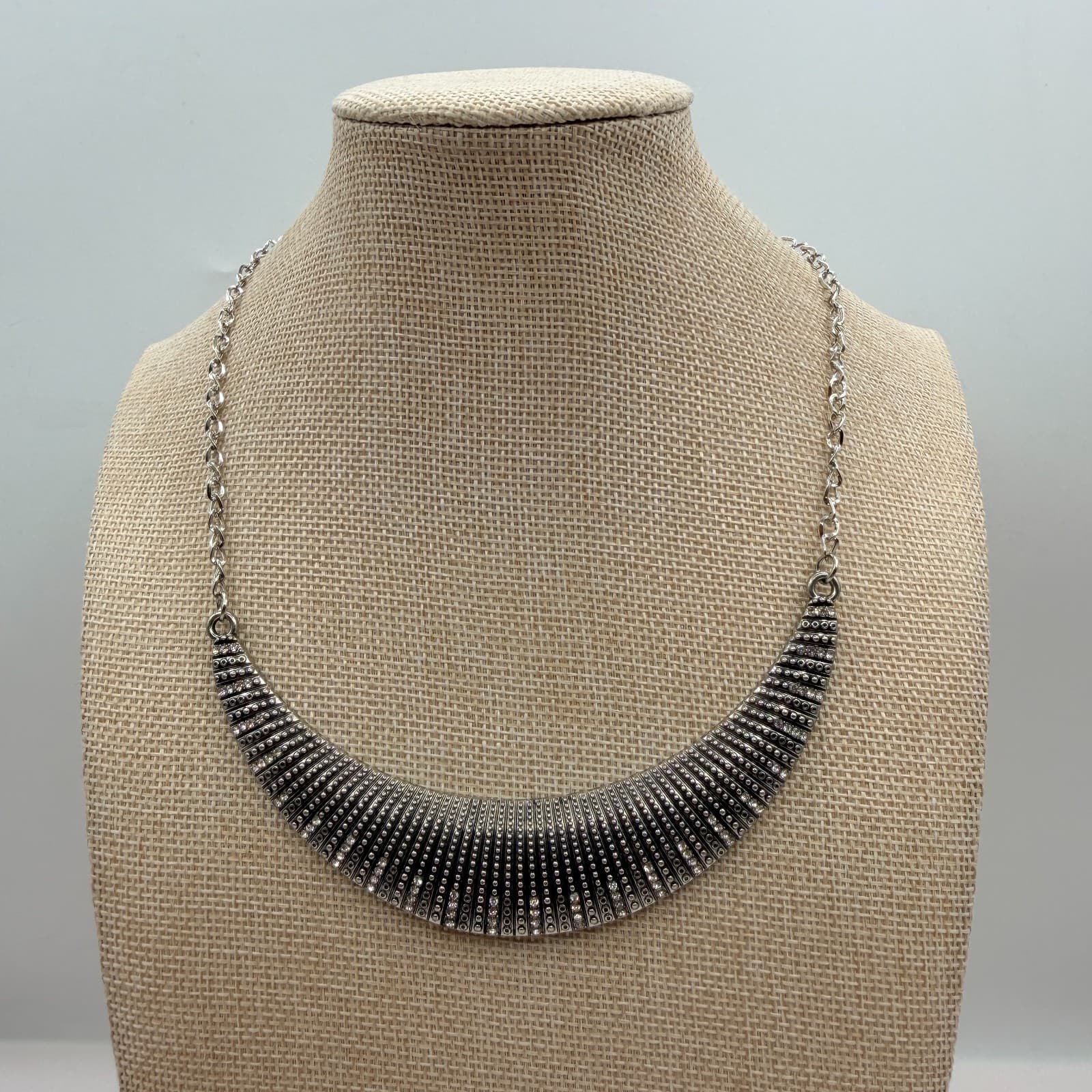 Vintage 90s Silver Tone Rhinestone Bib Necklace Statement Women's Jewelry - Image 1