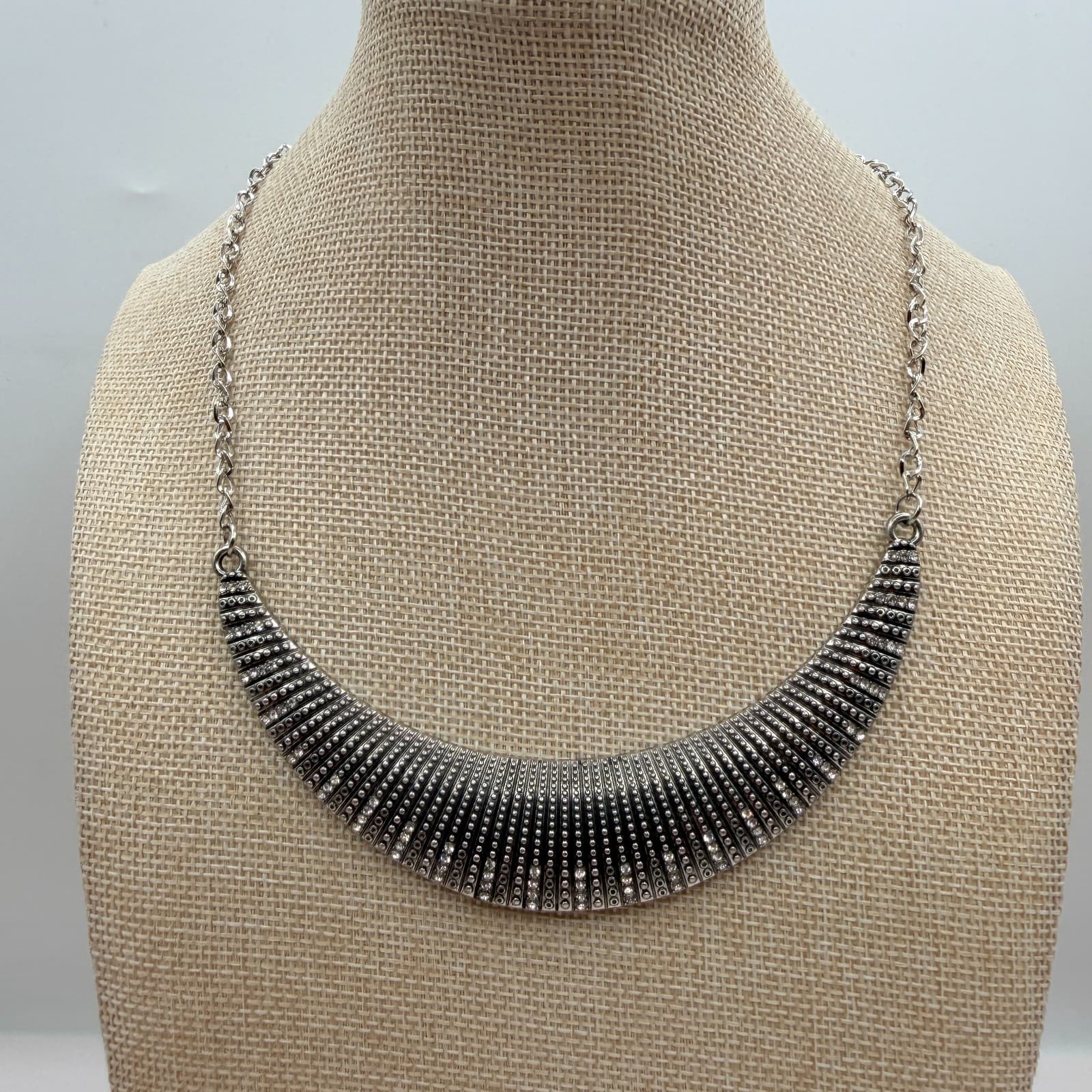 Vintage 90s Silver Tone Rhinestone Bib Necklace Statement Women's Jewelry - Thumbnail 2