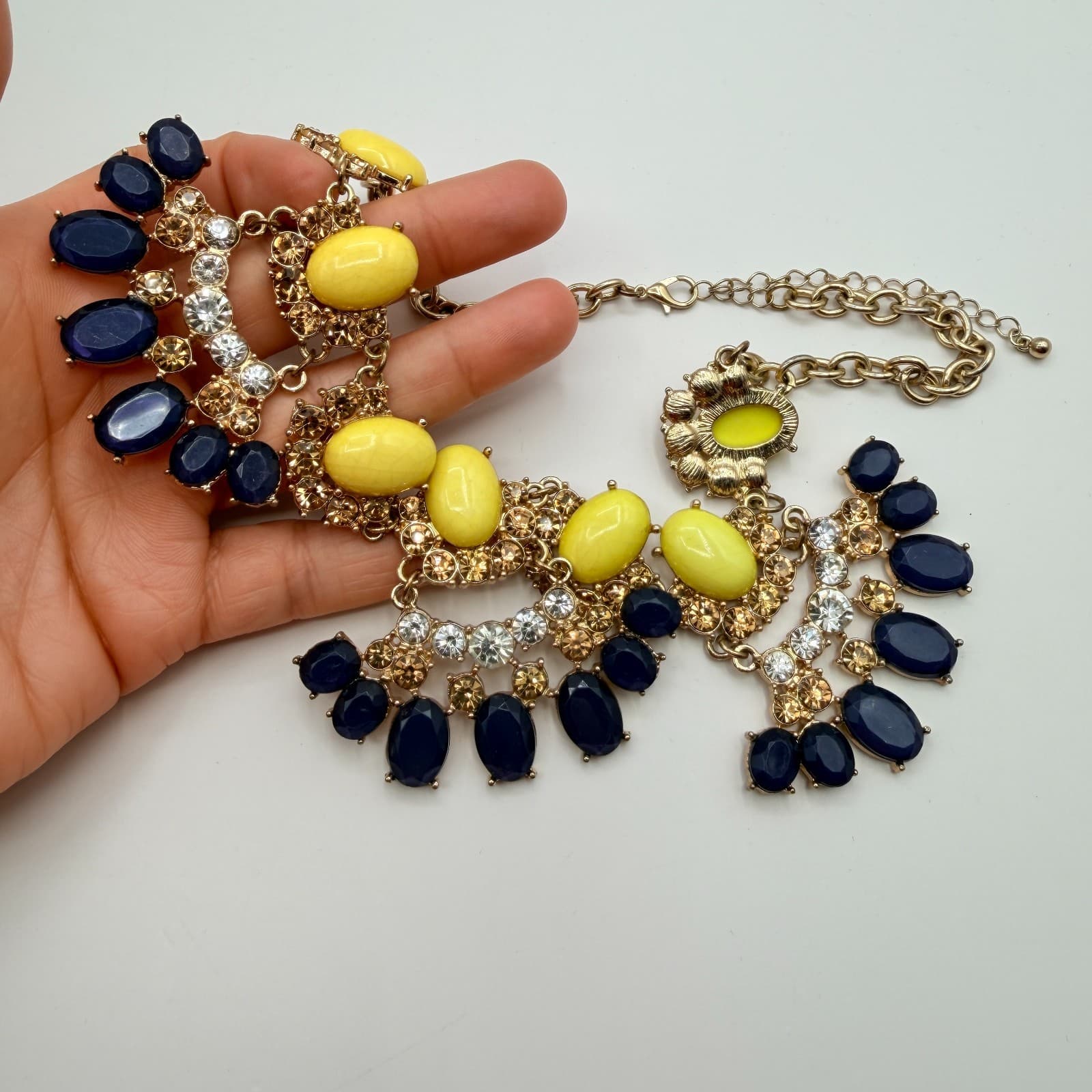 Vintage Y2K Gold Tone Statement Necklace Bold Yellow Navy Blue Cabochons Jewelry - Thumbnail 2