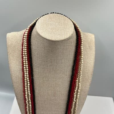 Vintage Multi Strand Beaded Necklace Red Black Cream Long Layered Boho Statement - Thumbnail 2