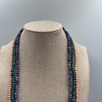 VTG Long Multi Strand Beaded Necklace Pink Purple Teal Round Beads Layered Boho - Thumbnail 5