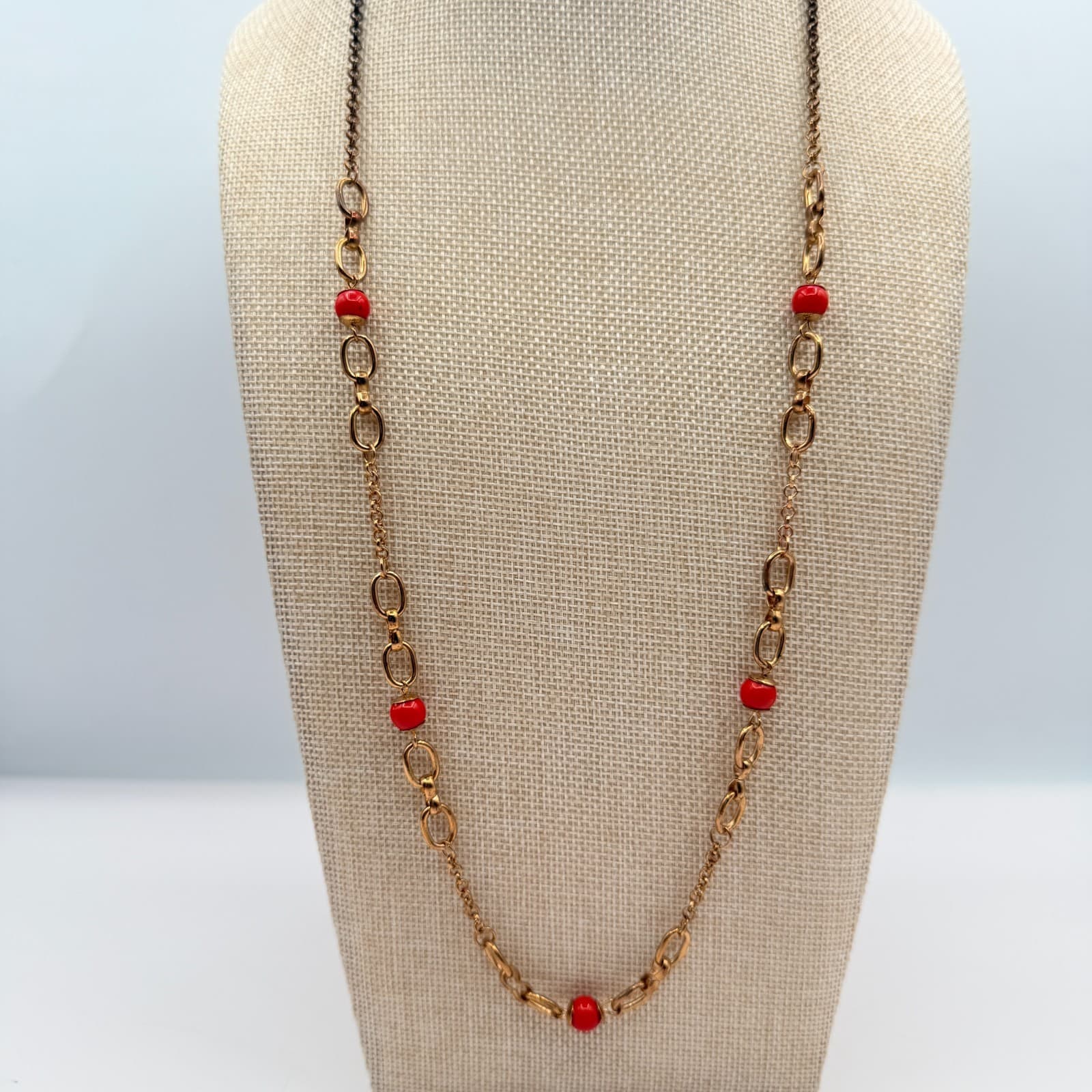 Vintage 90s Gold Tone Link Chain Red Beaded Necklace Women's Classic Jewelry - Thumbnail 3