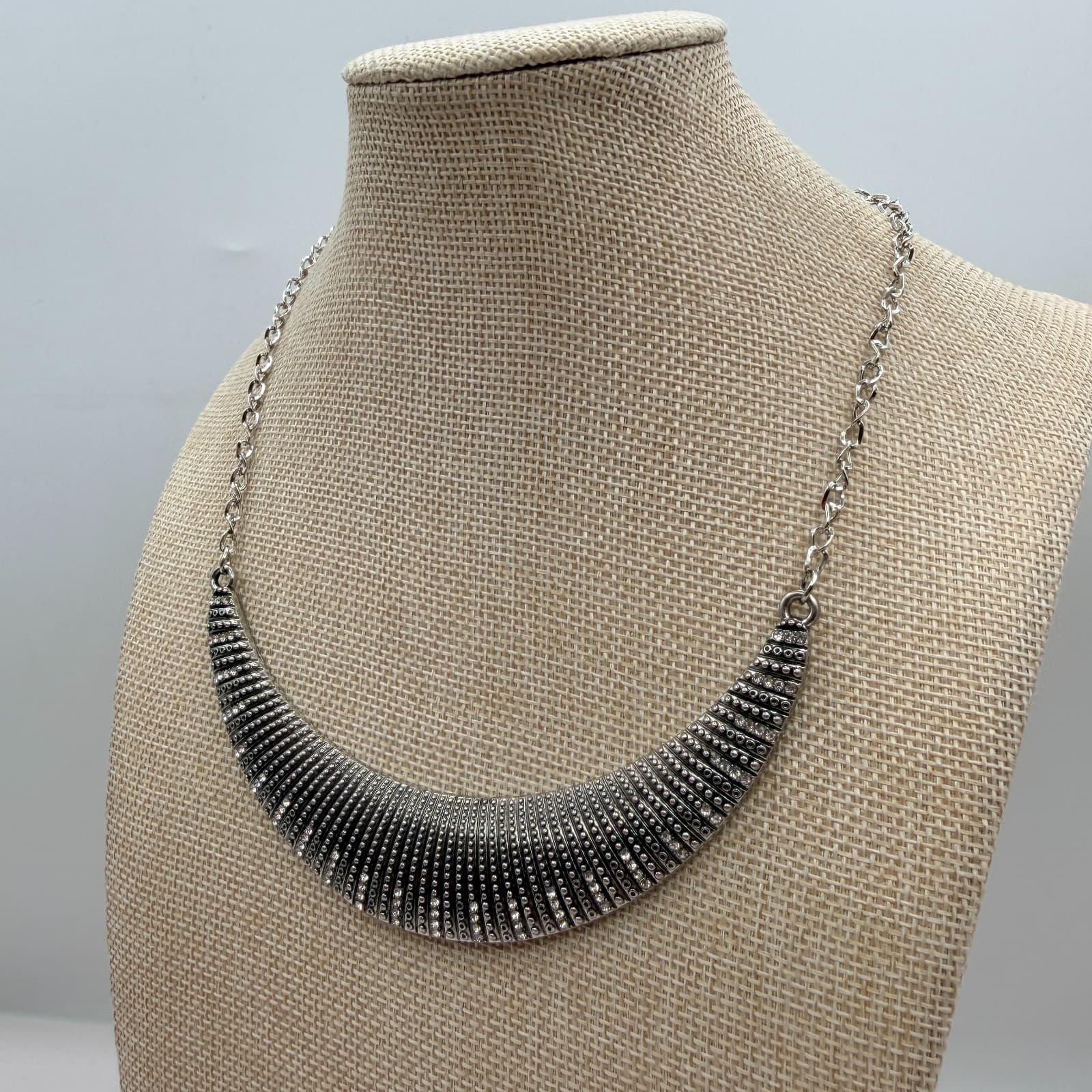 Vintage 90s Silver Tone Rhinestone Bib Necklace Statement Women's Jewelry - Thumbnail 6