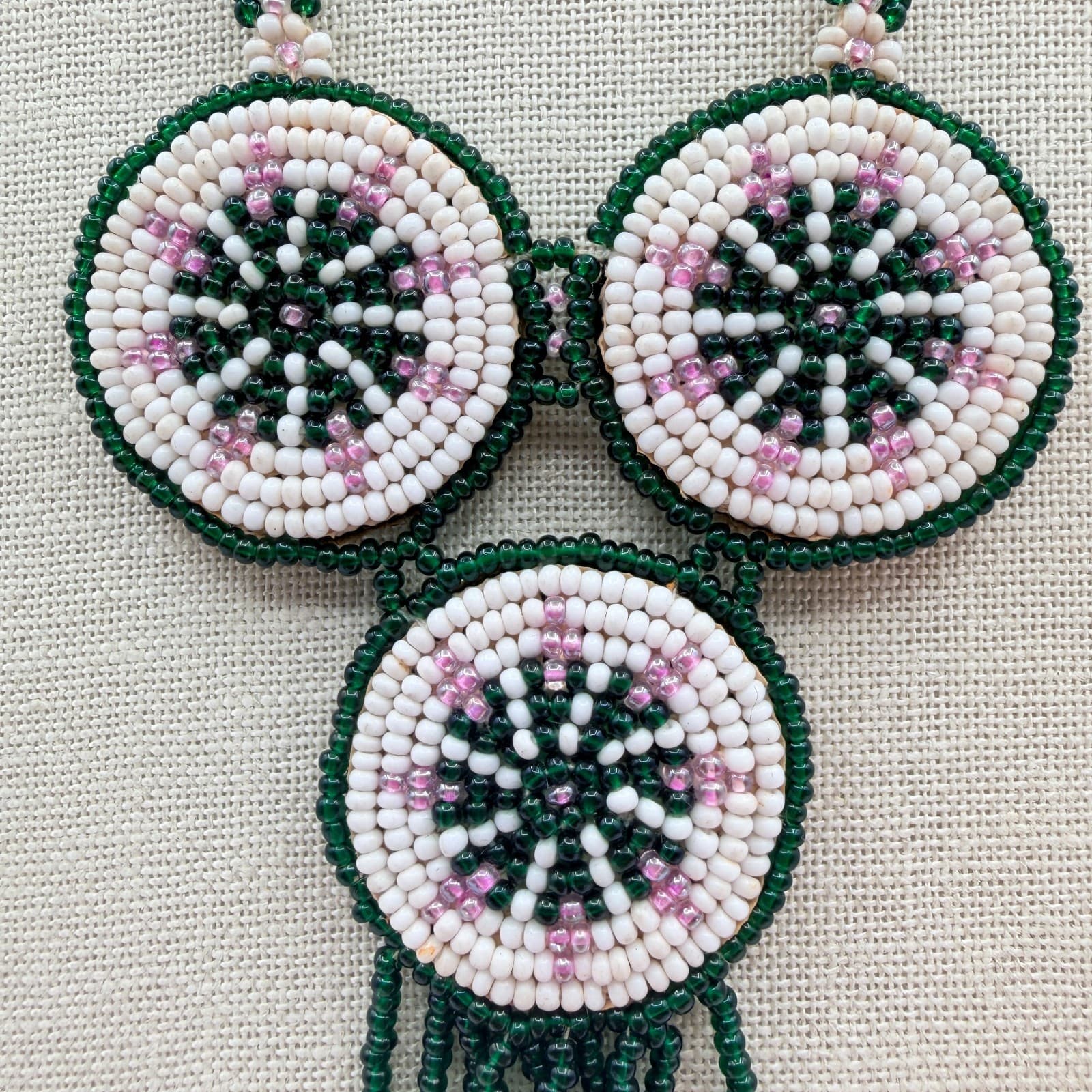 Vintage Y2K Handmade Seed Bead Medallion Statement Necklace Fringe Boho Jewelry - Thumbnail 7