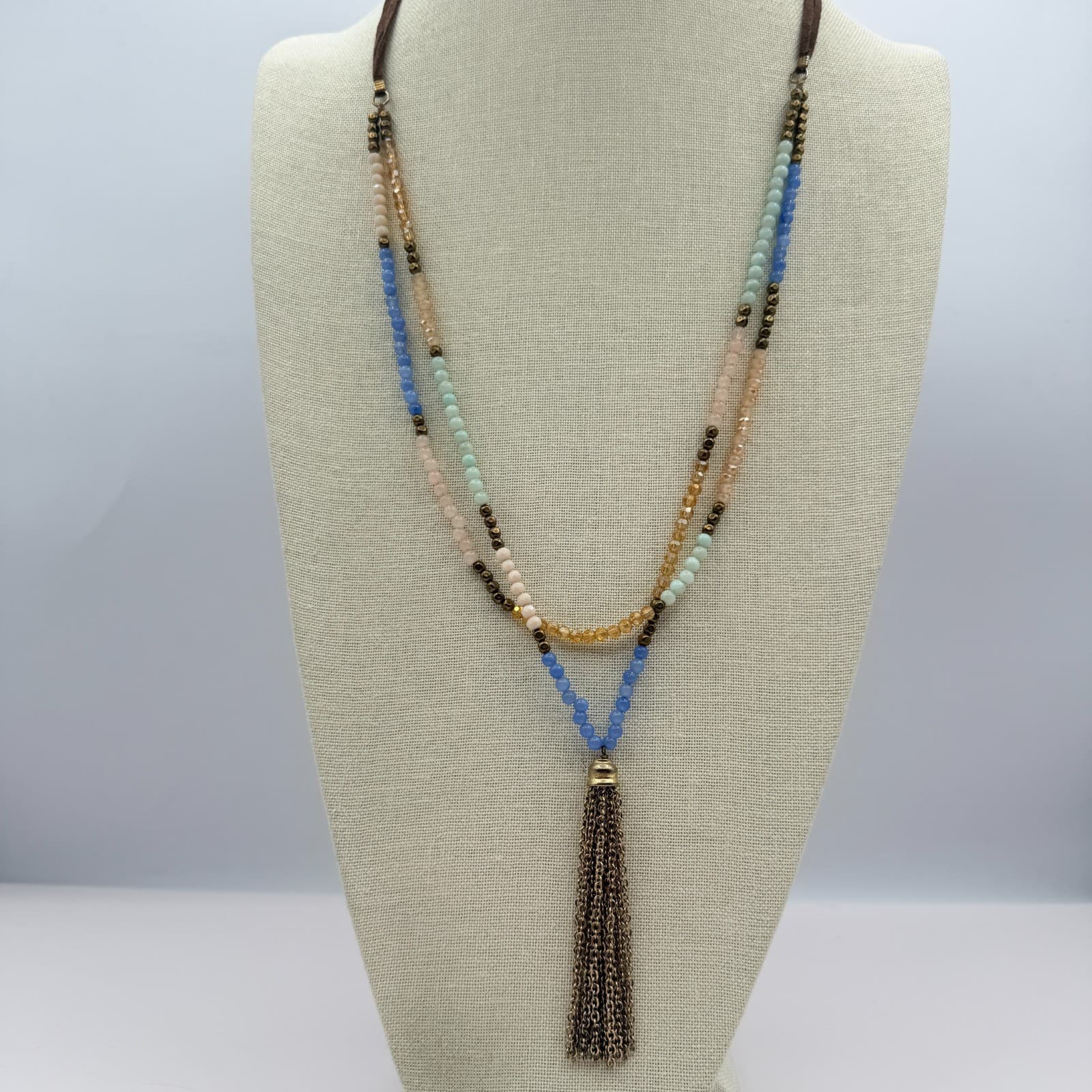 Vintage Y2K Boho Multi Strand Pastel Beaded Tassel Necklace Brown Cord Jewelry - Thumbnail 3