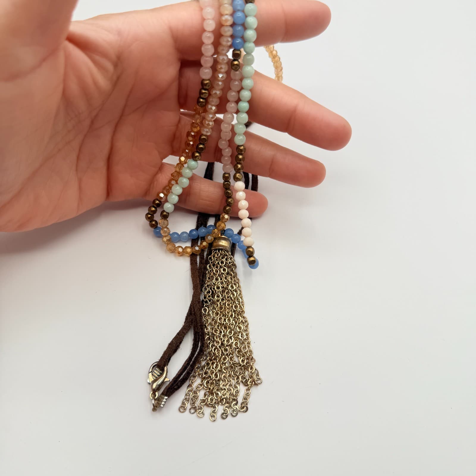 Vintage Y2K Boho Multi Strand Pastel Beaded Tassel Necklace Brown Cord Jewelry - Thumbnail 6