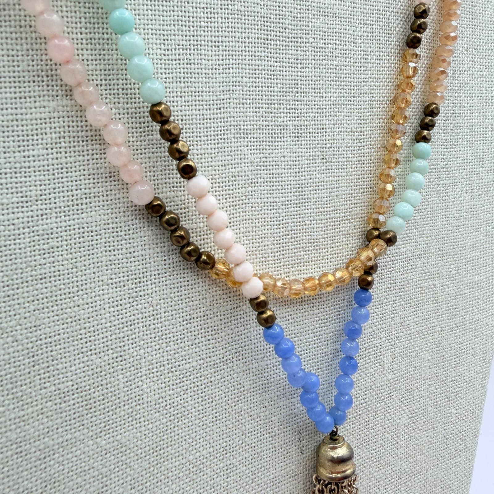 Vintage Y2K Boho Multi Strand Pastel Beaded Tassel Necklace Brown Cord Jewelry - Thumbnail 7