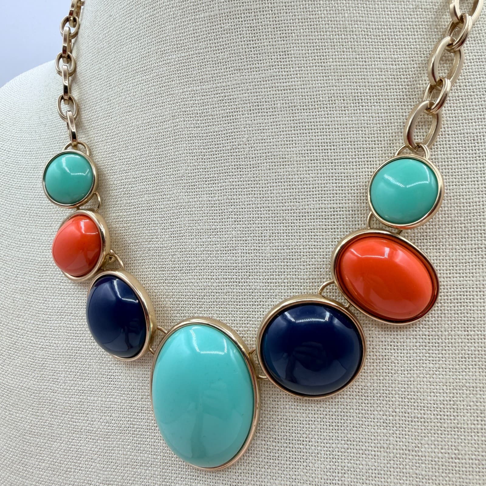 Vintage Y2K Gold Tone Statement Necklace Aqua Orange Navy Cabochons Jewelry - Thumbnail 7
