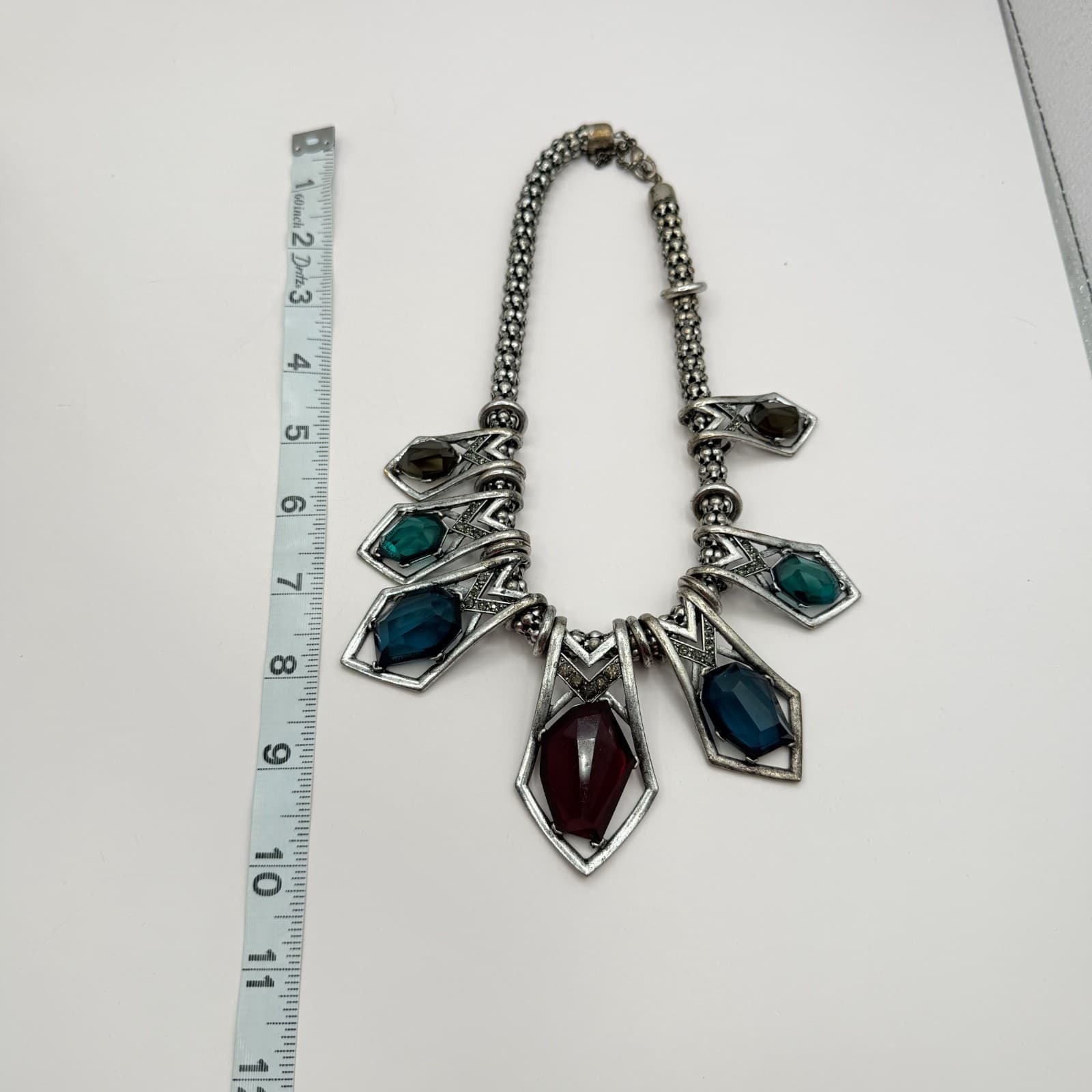 Vintage Y2K Boho Silver Tone Geometric Statement Necklace Antiqued Mixed Jewelry - Thumbnail 2