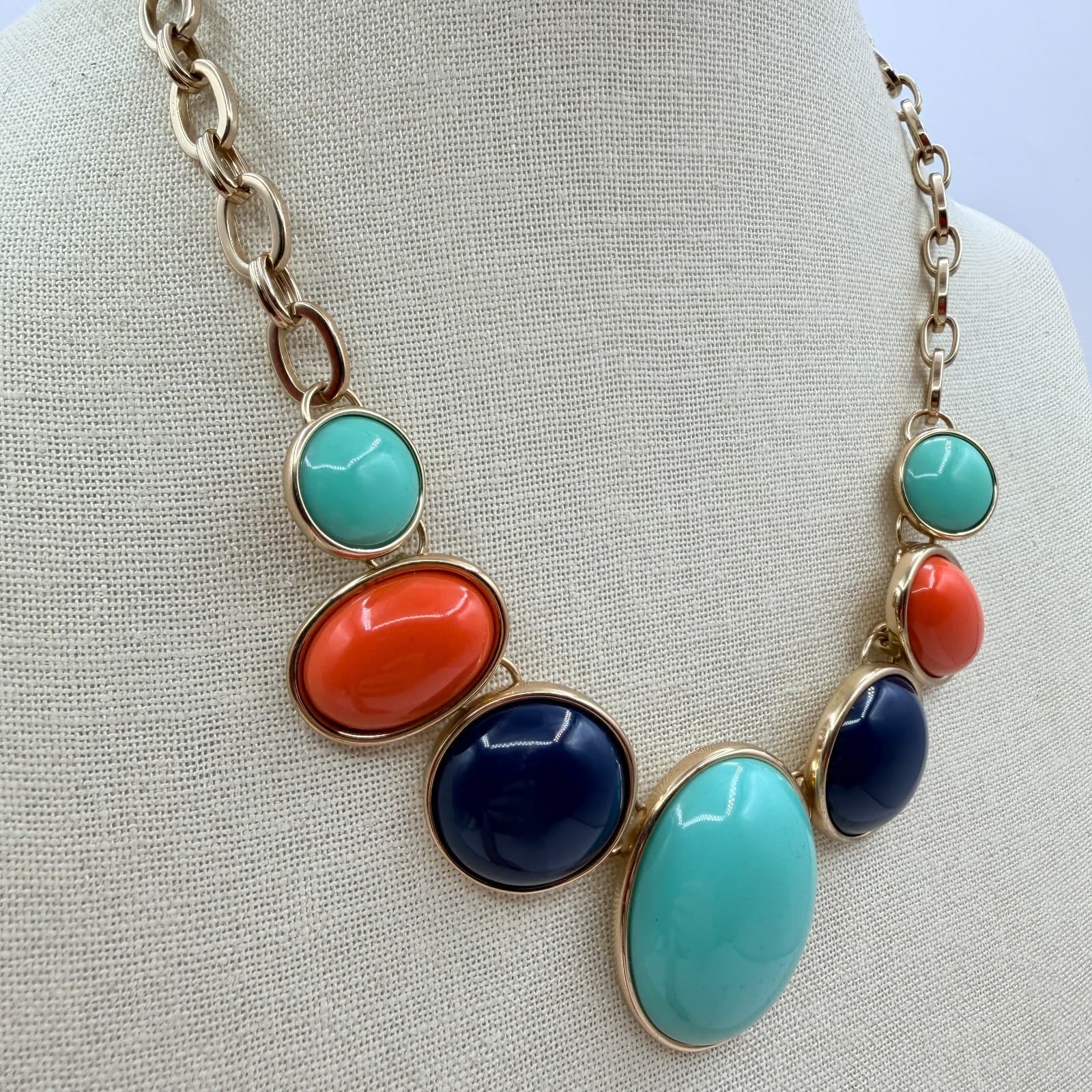 Vintage Y2K Gold Tone Statement Necklace Aqua Orange Navy Cabochons Jewelry - Thumbnail 8