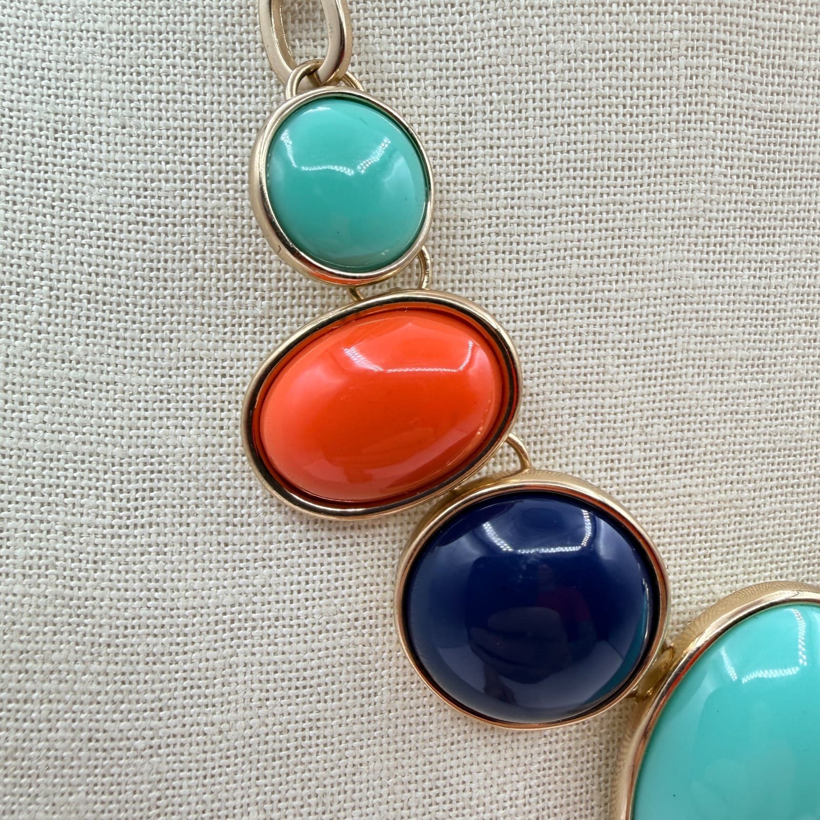Vintage Y2K Gold Tone Statement Necklace Aqua Orange Navy Cabochons Jewelry - Thumbnail 9