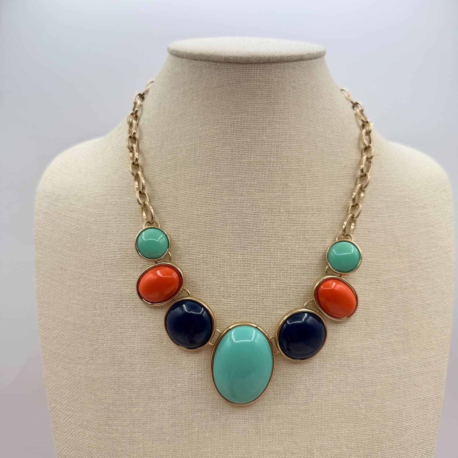 Vintage Y2K Gold Tone Statement Necklace Aqua Orange Navy Cabochons Jewelry - Thumbnail 12