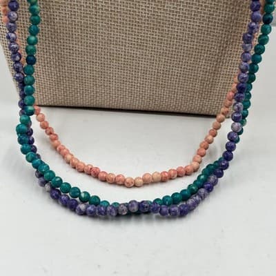VTG Long Multi Strand Beaded Necklace Pink Purple Teal Round Beads Layered Boho - Thumbnail 6