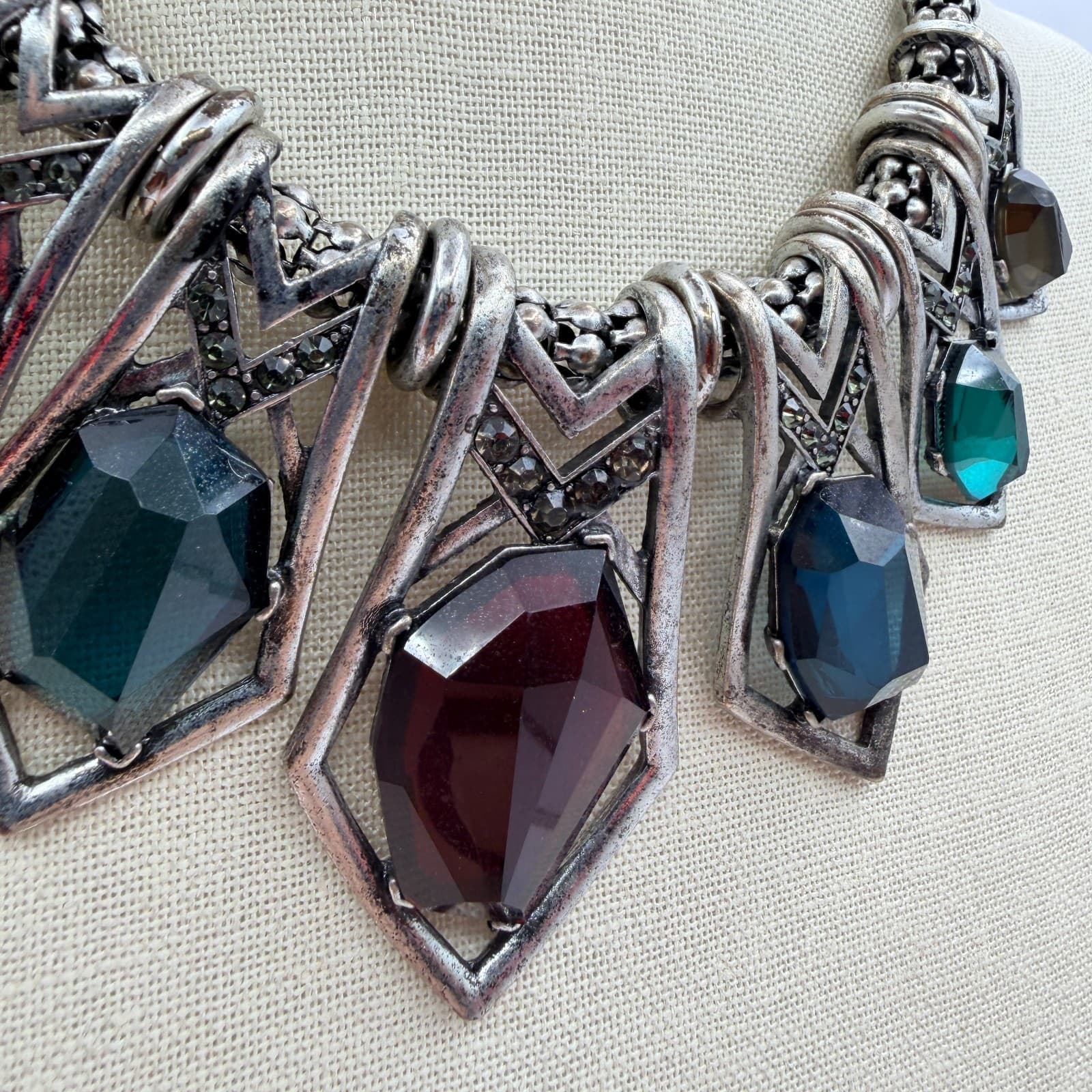 Vintage Y2K Boho Silver Tone Geometric Statement Necklace Antiqued Mixed Jewelry - Thumbnail 5