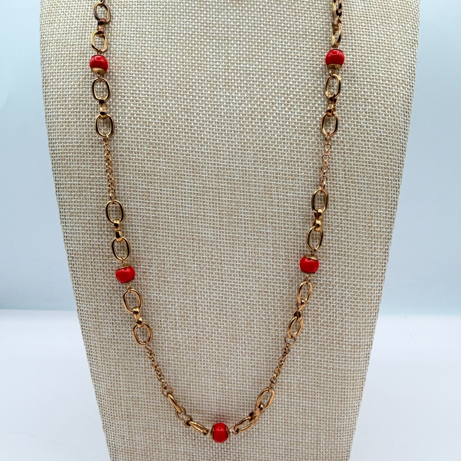 Vintage 90s Gold Tone Link Chain Red Beaded Necklace Women's Classic Jewelry - Thumbnail 7