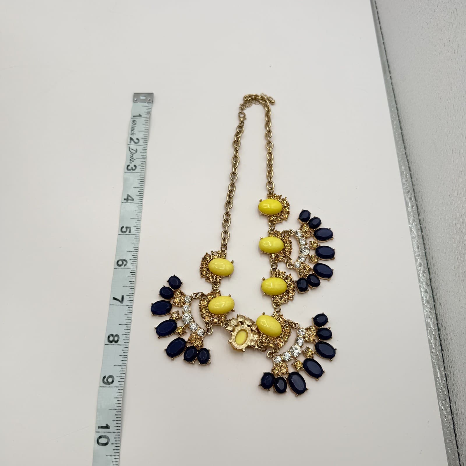Vintage Y2K Gold Tone Statement Necklace Bold Yellow Navy Blue Cabochons Jewelry - Thumbnail 7