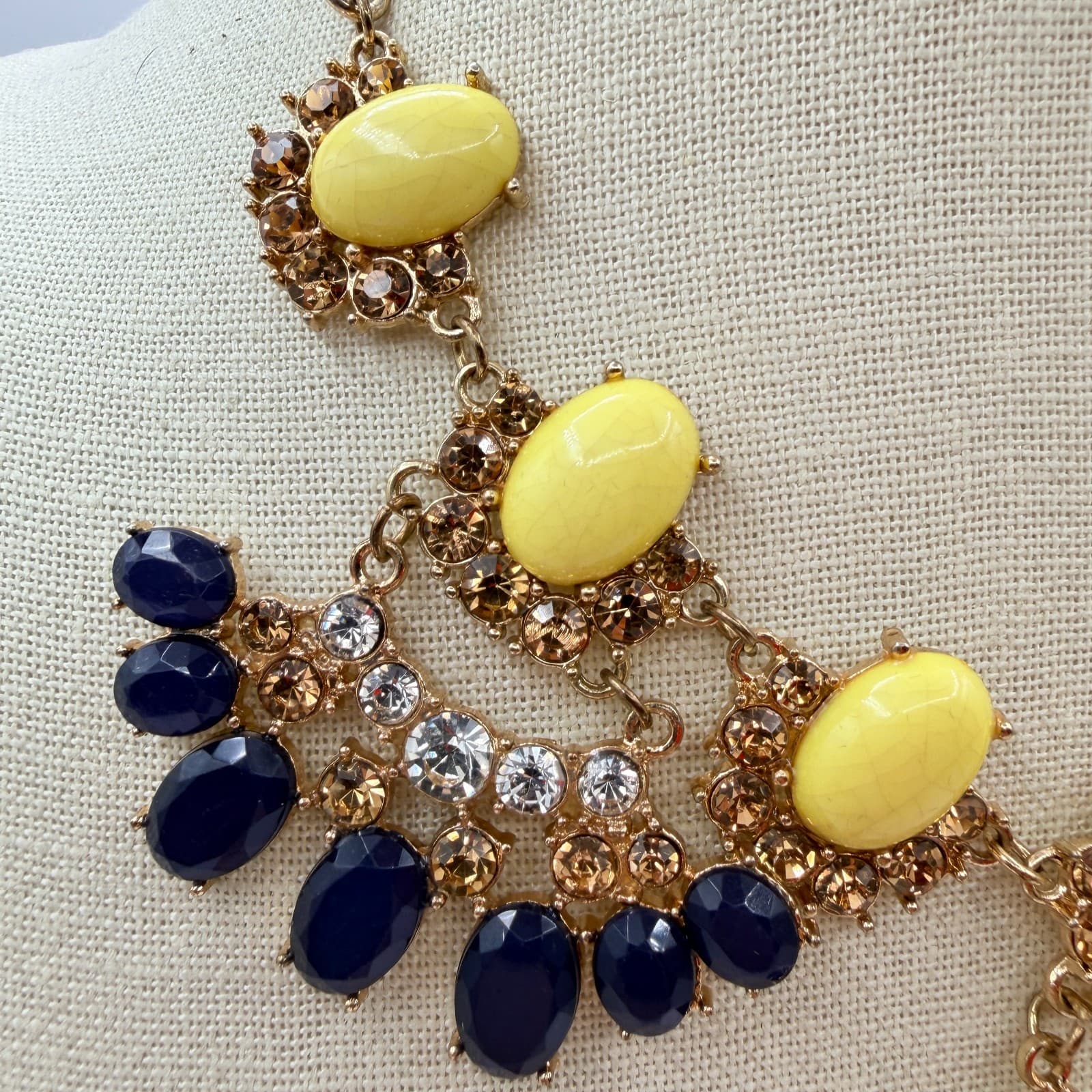 Vintage Y2K Gold Tone Statement Necklace Bold Yellow Navy Blue Cabochons Jewelry - Thumbnail 13