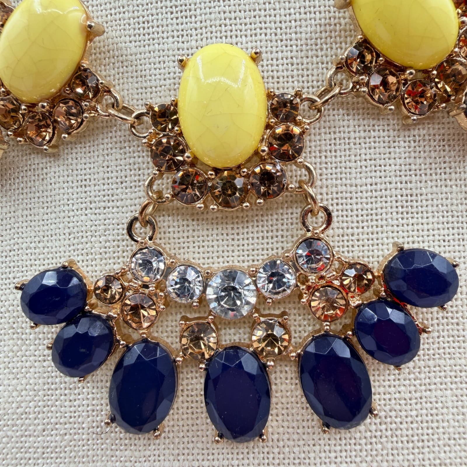 Vintage Y2K Gold Tone Statement Necklace Bold Yellow Navy Blue Cabochons Jewelry - Thumbnail 3