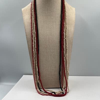 Vintage Multi Strand Beaded Necklace Red Black Cream Long Layered Boho Statement - Thumbnail 5