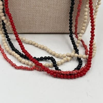 Vintage Multi Strand Beaded Necklace Red Black Cream Long Layered Boho Statement - Thumbnail 3