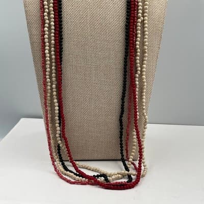 Vintage Multi Strand Beaded Necklace Red Black Cream Long Layered Boho Statement - Thumbnail 4