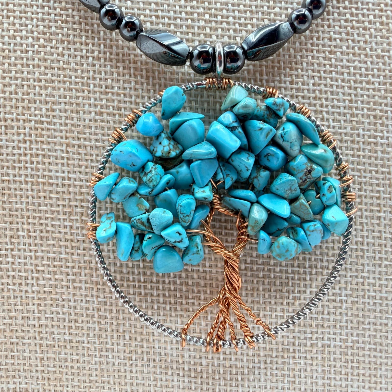 Vintage Y2K Tree of Life Wire Wrapped Turquoise Beaded Pendent Necklace Jewelry - Image 1