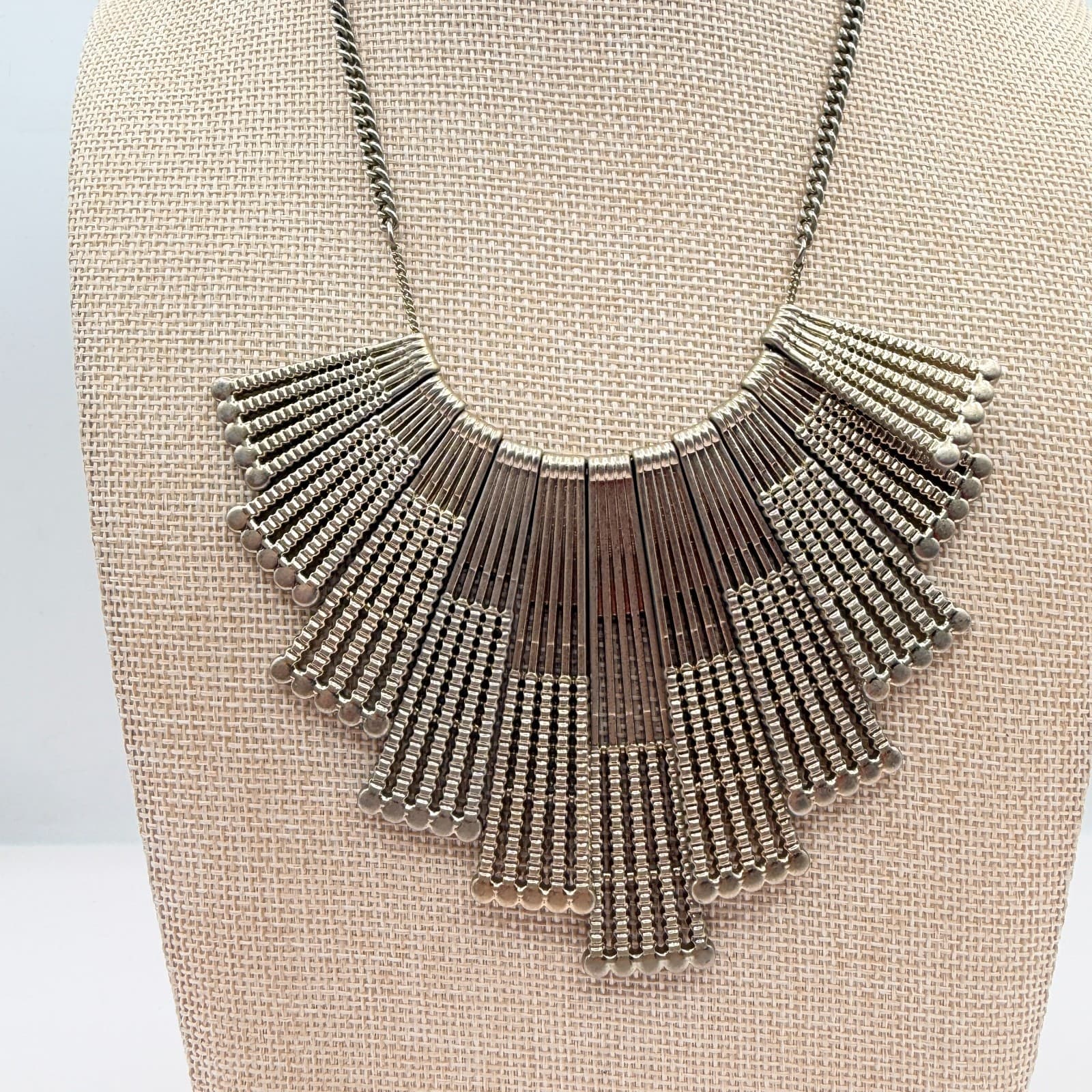 Vintage 90s Silver Tone Fan Fringe Necklace Statement Women's Classic Jewelry - Thumbnail 3